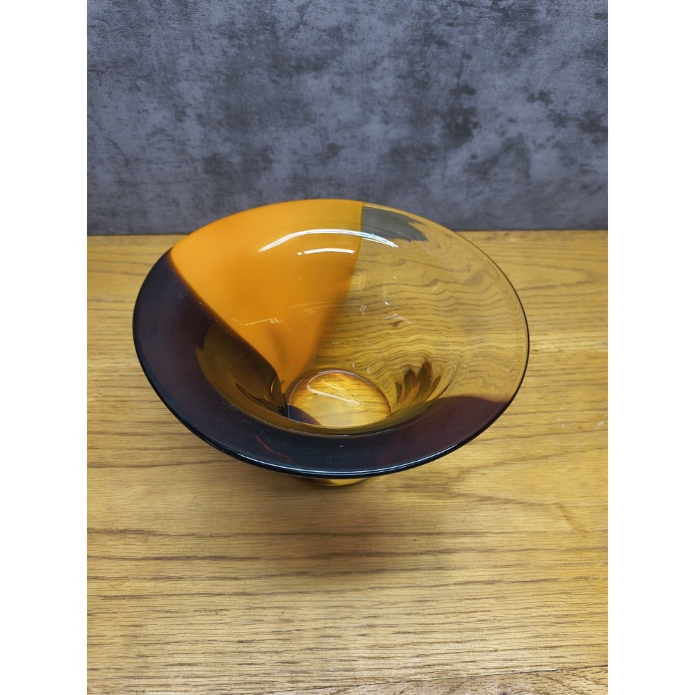 Vintage MCM Large Heavy Hand Blown Amber/Orange Studio Art Glass‎ Vase Bowl